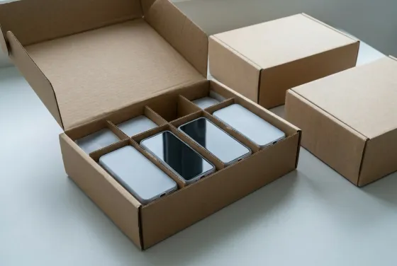 Unbranded phones in a divided cardboard carton beside two closed cartons.