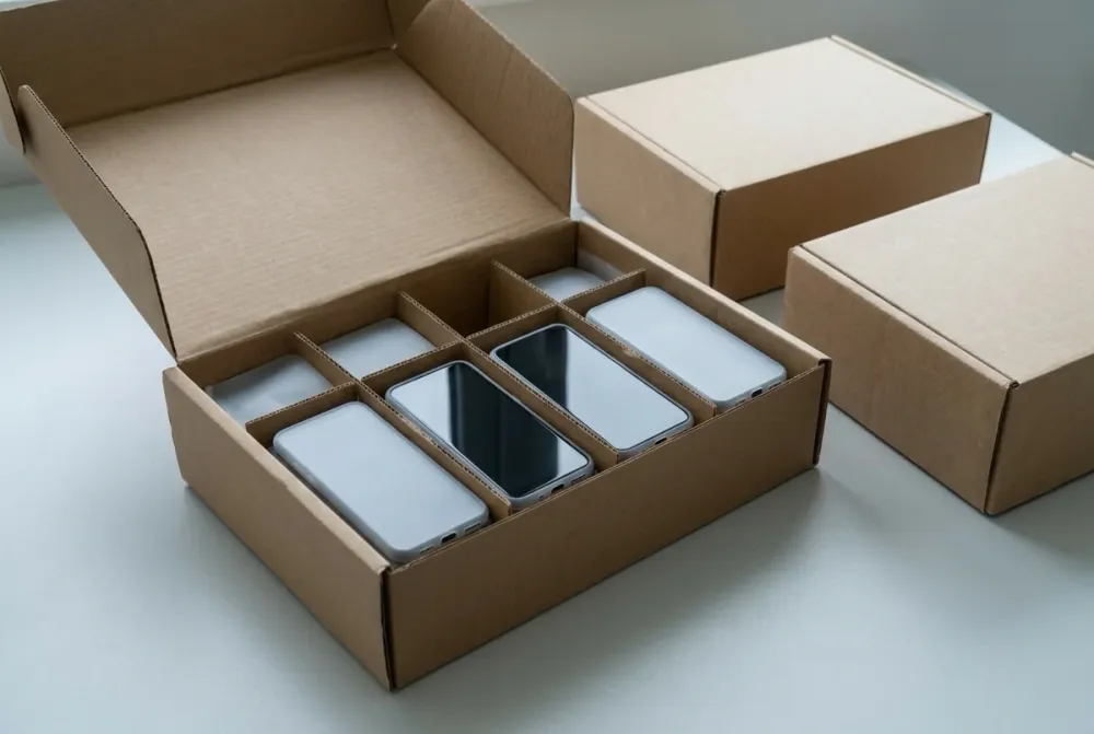 Unbranded phones in a divided cardboard carton beside two closed cartons.