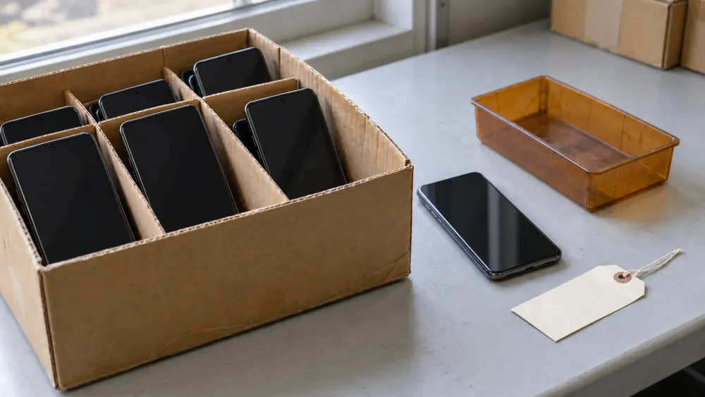 Android-style phones in a divided carton beside a separate phone, blank tag and amber tray