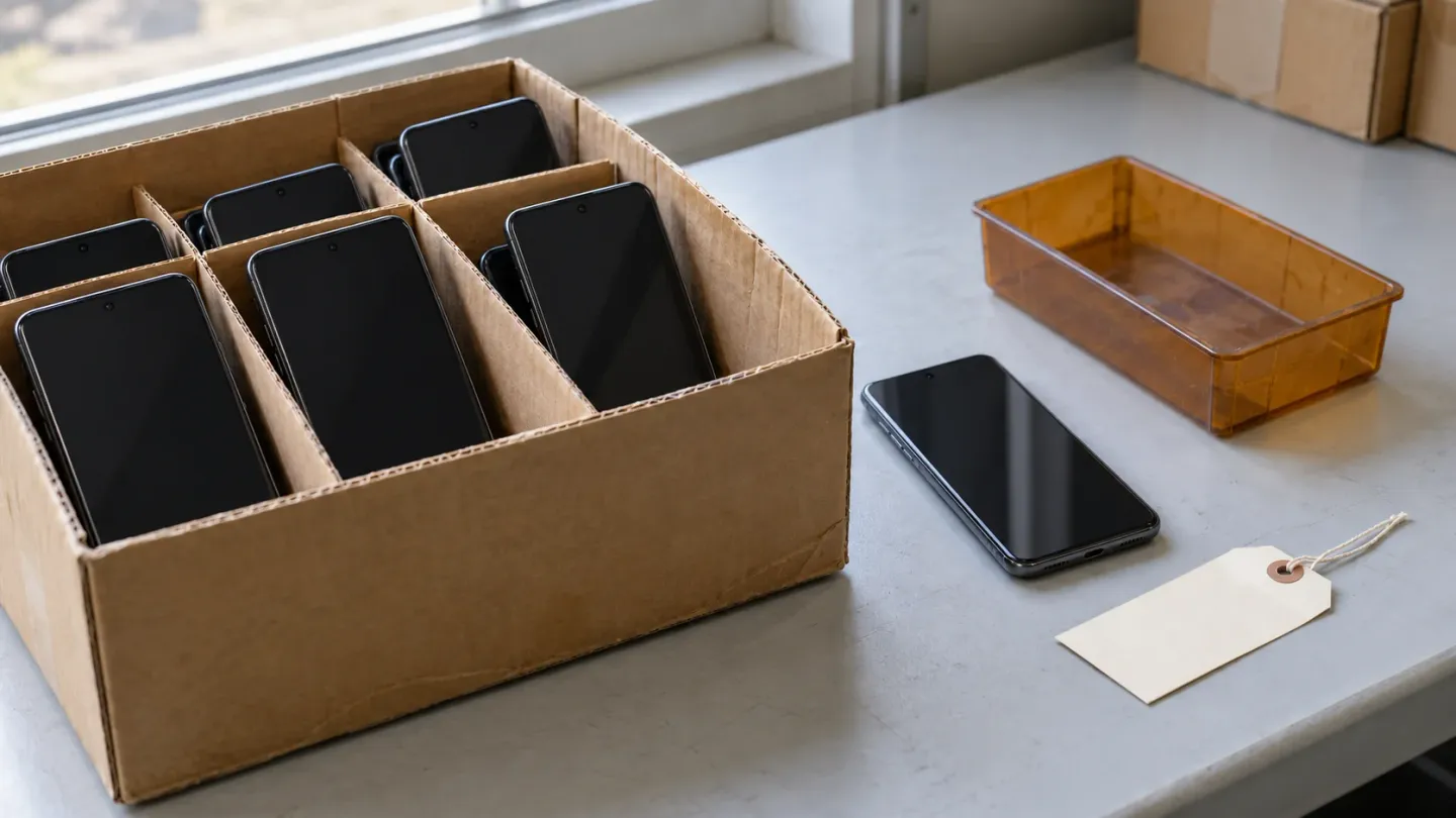 Android-style phones in a divided carton beside a separate phone, blank tag and amber tray