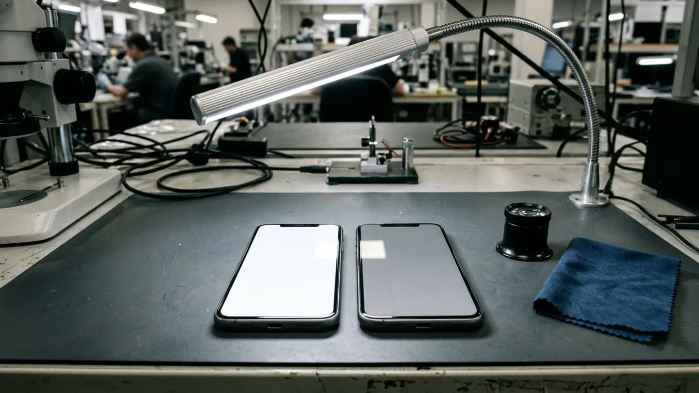 Two smartphones displaying full-screen white and gray backgrounds side by side on a dark electrostatic mat under an inspection lamp with a jeweler's loupe and microfiber cloth nearby.