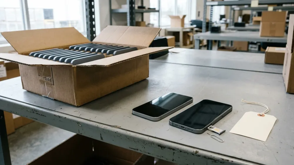 Open cardboard shipping box of smartphones on a receiving workbench beside two face-down handsets, a SIM-eject tool, an inspection tag, and a partially ejected SIM tray.