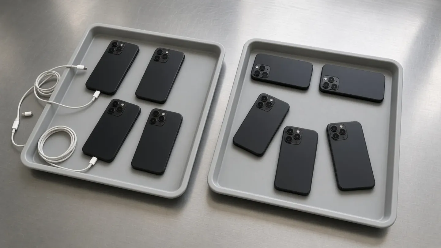 Two trays of face-down black phones on a steel inspection bench, one tray with a charging cable