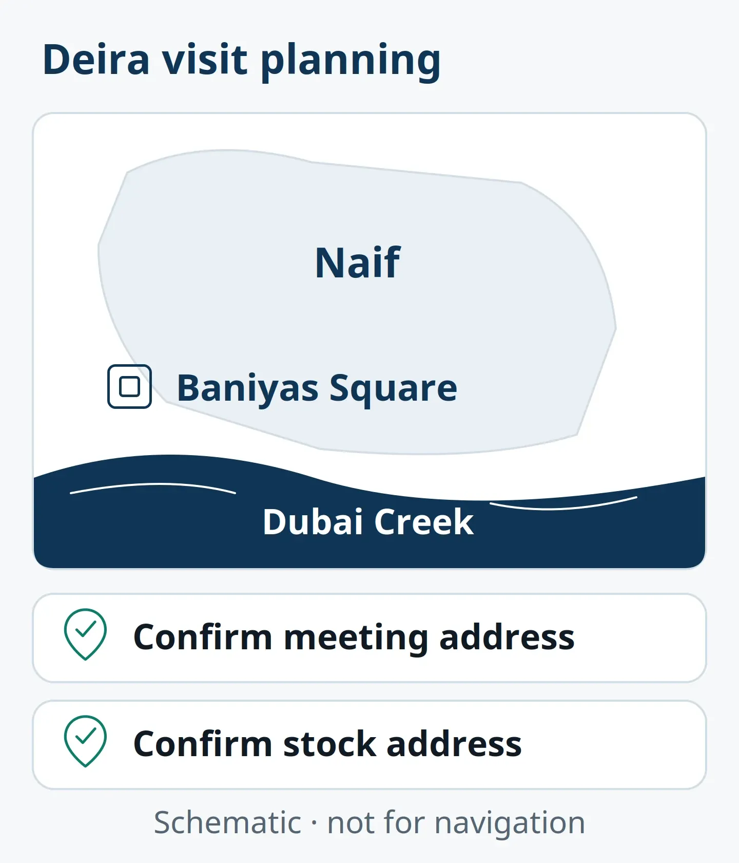 Schematic Deira orientation map showing Naif, Baniyas Square and Dubai Creek, with stock locations to confirm separately.