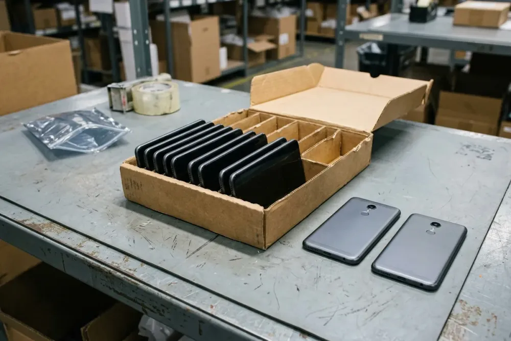 Unbranded smartphones standing in a corrugated partition tray beside two face-down phones on an anti-static mat.