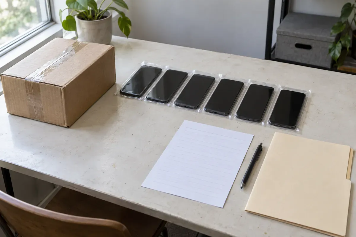 A taped shipping carton, six unbranded smartphones in clear sleeves, a manila folder and a blank ruled sheet with a pen on a worktable.