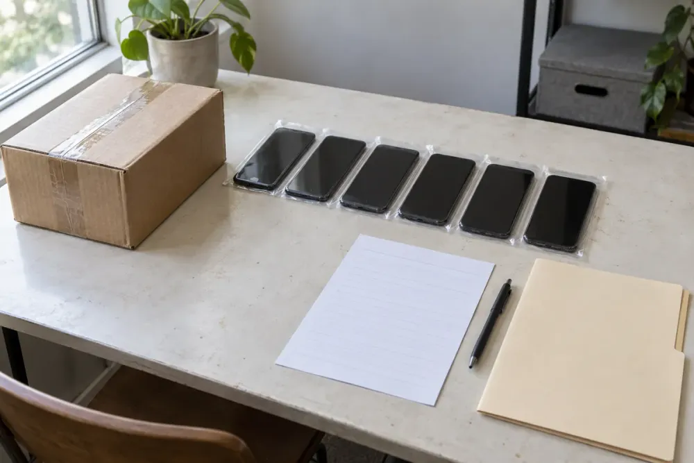 A taped shipping carton, six unbranded smartphones in clear sleeves, a manila folder and a blank ruled sheet with a pen on a worktable.
