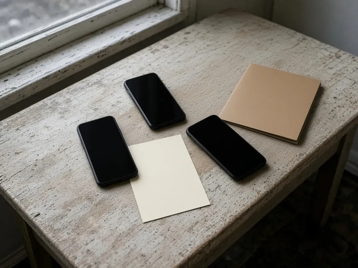 Three unbranded handsets, a blank sheet, and a closed folder on a worn wooden table.