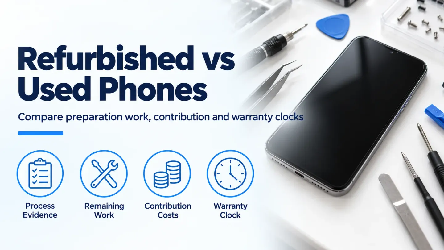 Refurbished versus used phone banner comparing process evidence, remaining work, contribution and the warranty clock