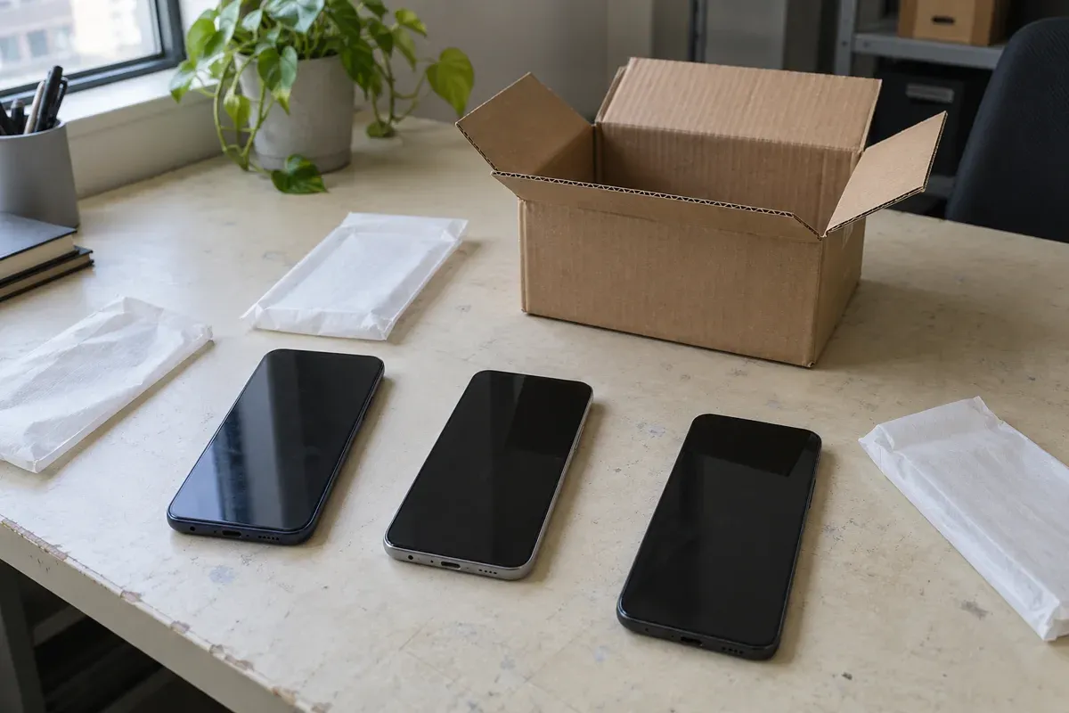 Three dark-screen phones beside protective sleeves and an open cardboard box.
