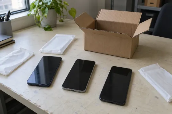 Three dark-screen phones beside protective sleeves and an open cardboard box.