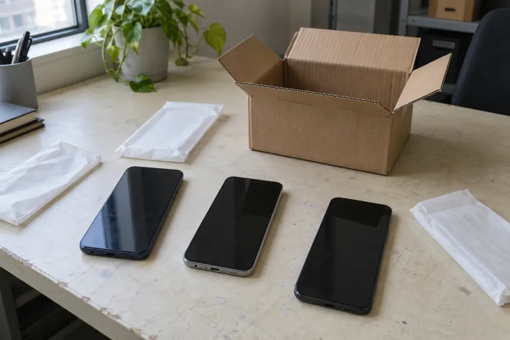 Three dark-screen phones beside protective sleeves and an open cardboard box.