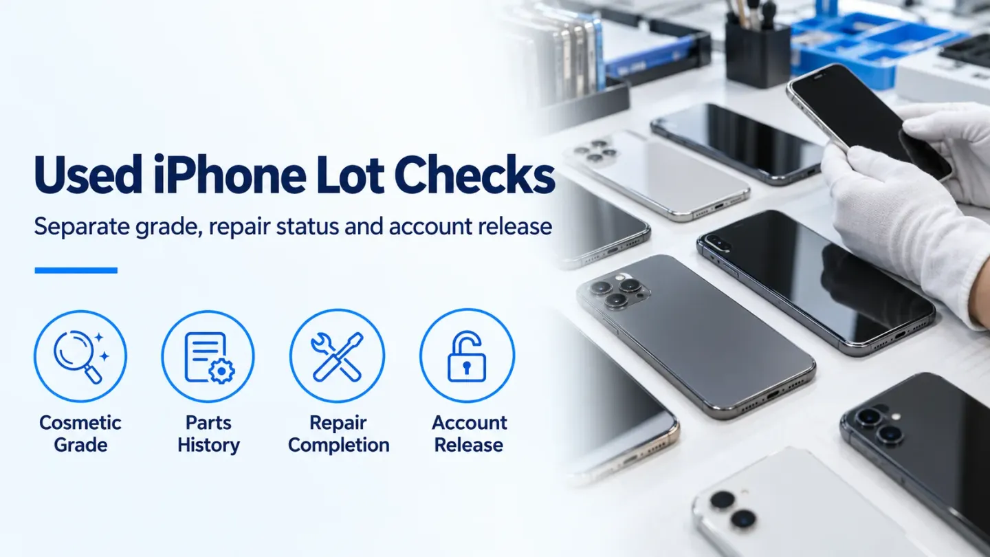 Used iPhone lot banner separating cosmetic grade, parts history, repair completion and account release