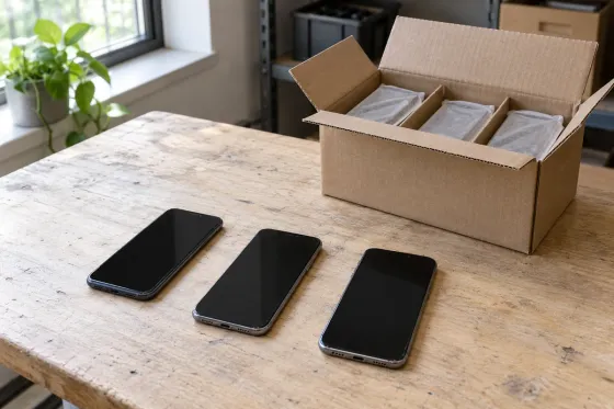 Unbranded used smartphones beside a divided shipping carton on a plain inspection table.