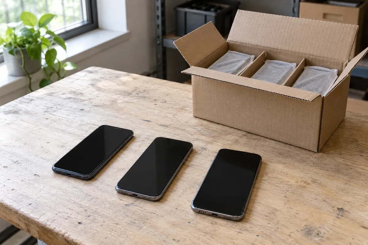 Unbranded used smartphones beside a divided shipping carton on a plain inspection table.