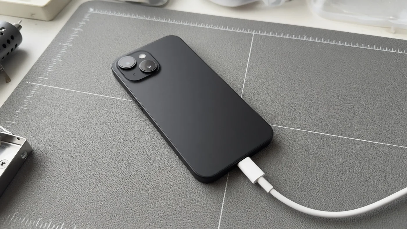 Black phone face down on a mat with a charging cable attached