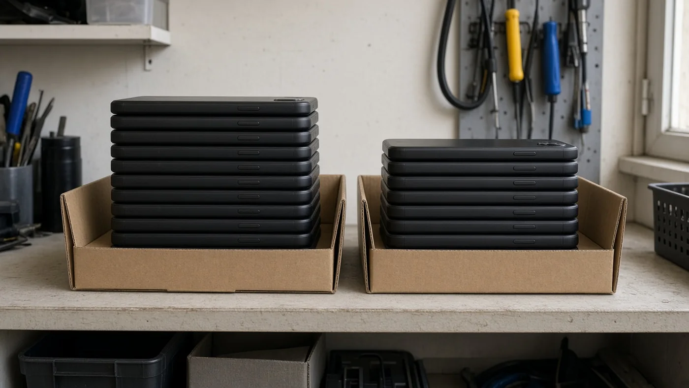 Two trays of stacked black phones in a workshop