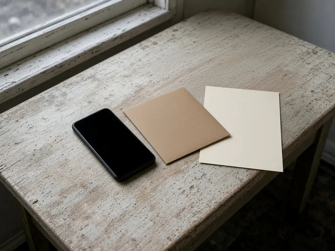 One unbranded handset, a closed envelope, and a blank sheet on a worn wooden table.