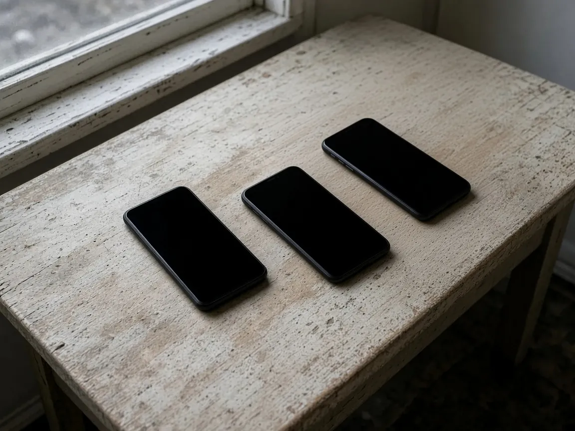 Three unbranded handsets on a worn wooden table, with no cables or chargers beside them.