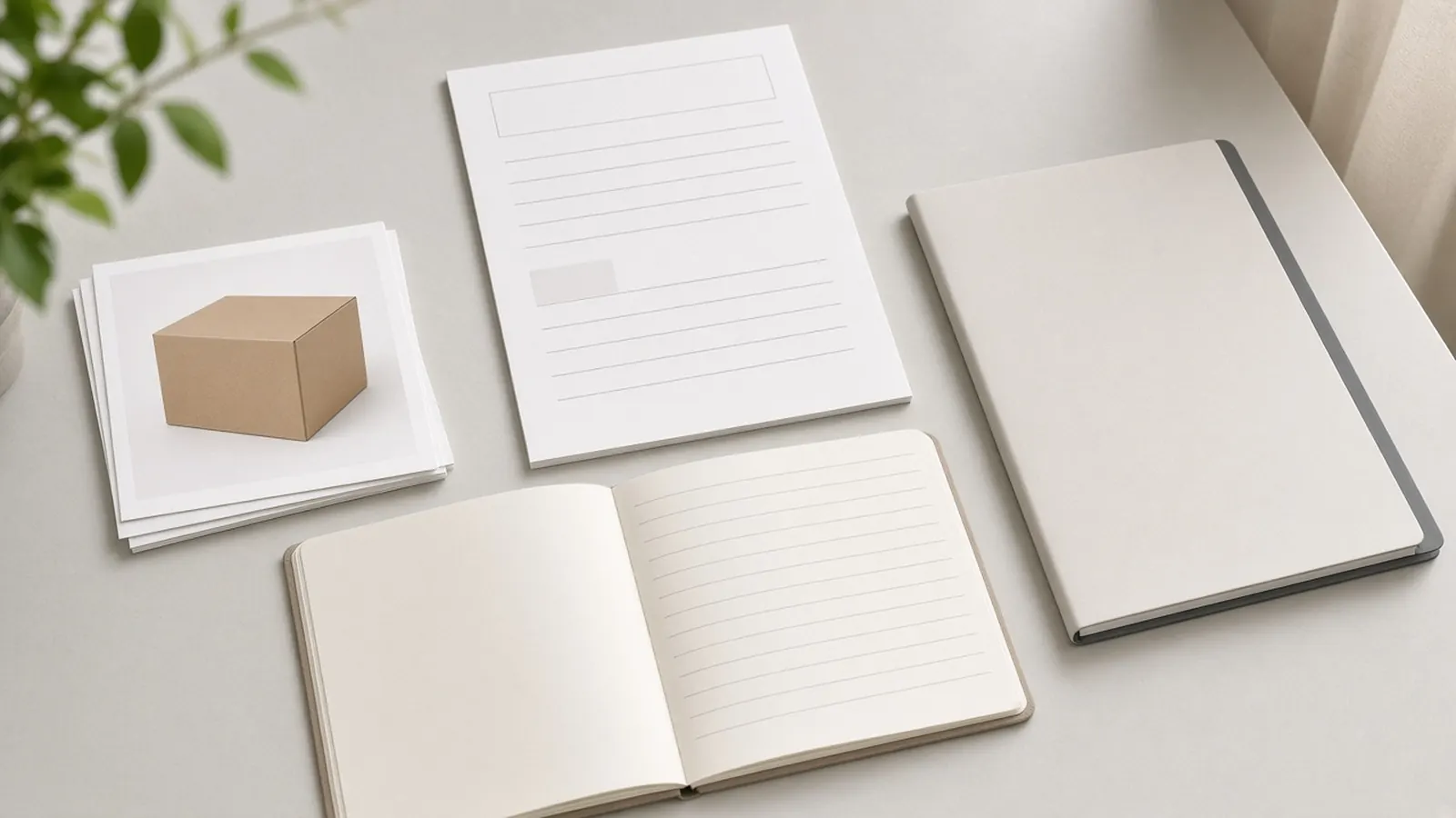 Blank carton photographs, a blank sheet, a closed folder, and an open notebook with no writing.