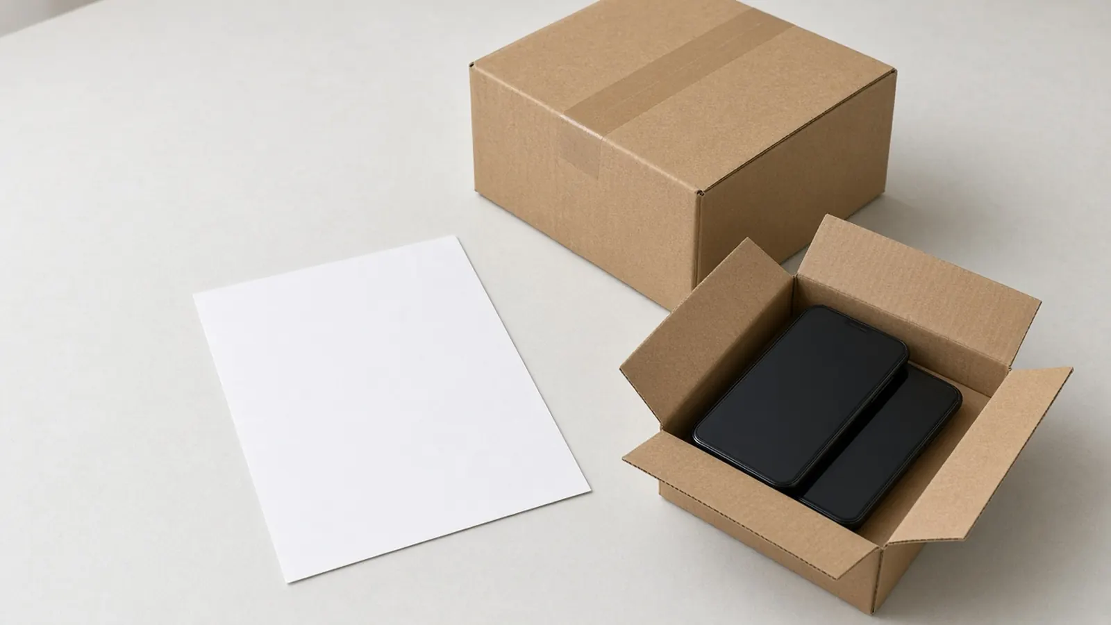 A blank sheet beside a sealed carton and an open carton of unbranded phones.