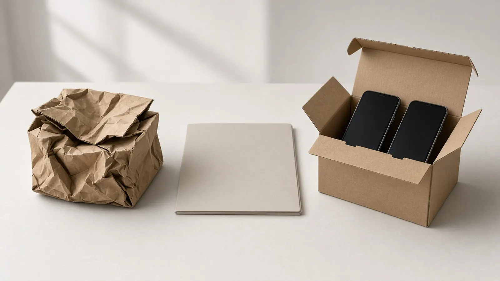 A crushed carton, a blank folder, and an open carton of unbranded phones, kept apart.