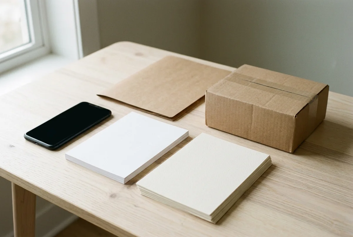 A dark-screen phone, two stacks of blank paper, a kraft folder and a closed parcel on a desk.
