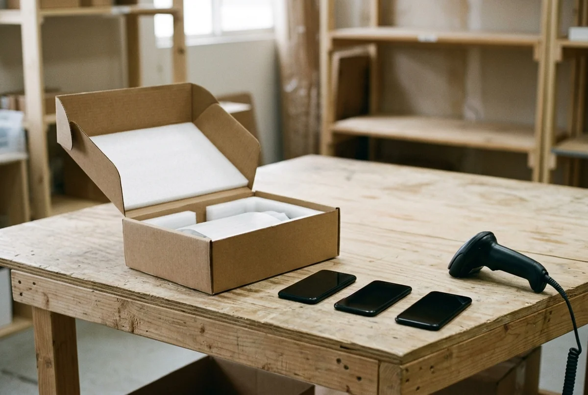 Three dark-screen phones beside an open protective carton and a handheld scanner on a receiving bench.