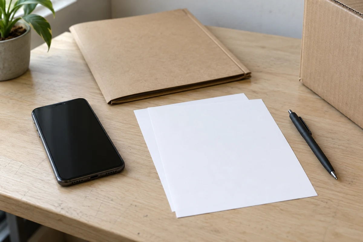 A phone, closed document folder, blank paper and shipping carton on a desk.