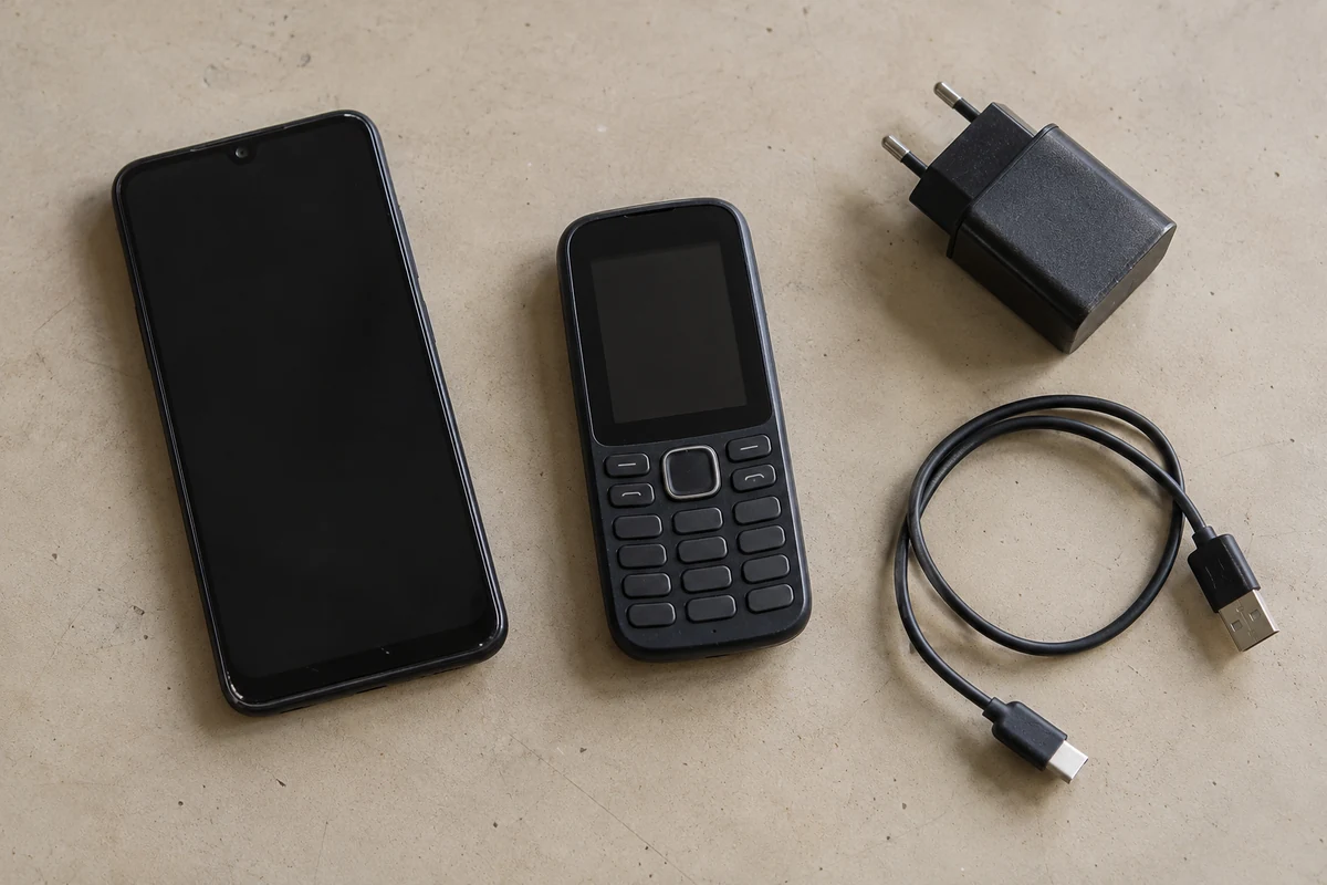 A touchscreen handset, a keypad handset and separate charging accessories on a worktable.