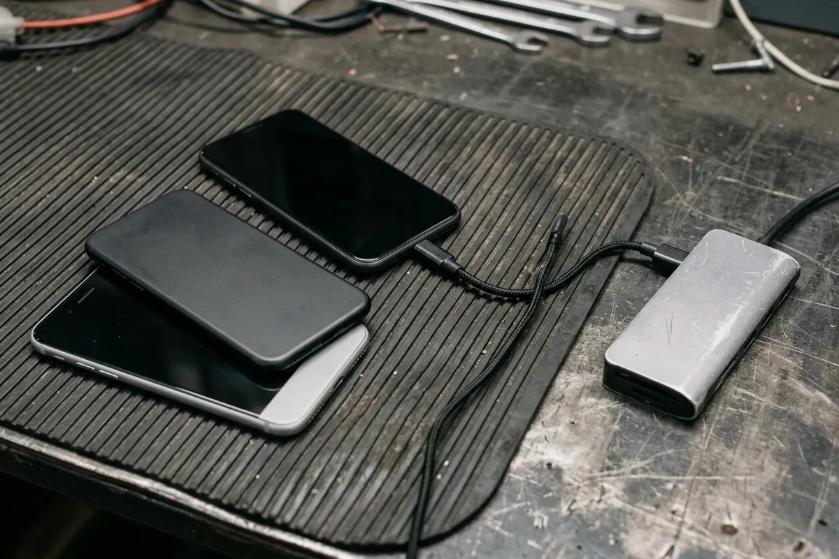 Three unbranded dark-screen smartphones on a ribbed rubber mat connected via a braided USB-C cable to a brushed-aluminum hub on a metal workbench.
