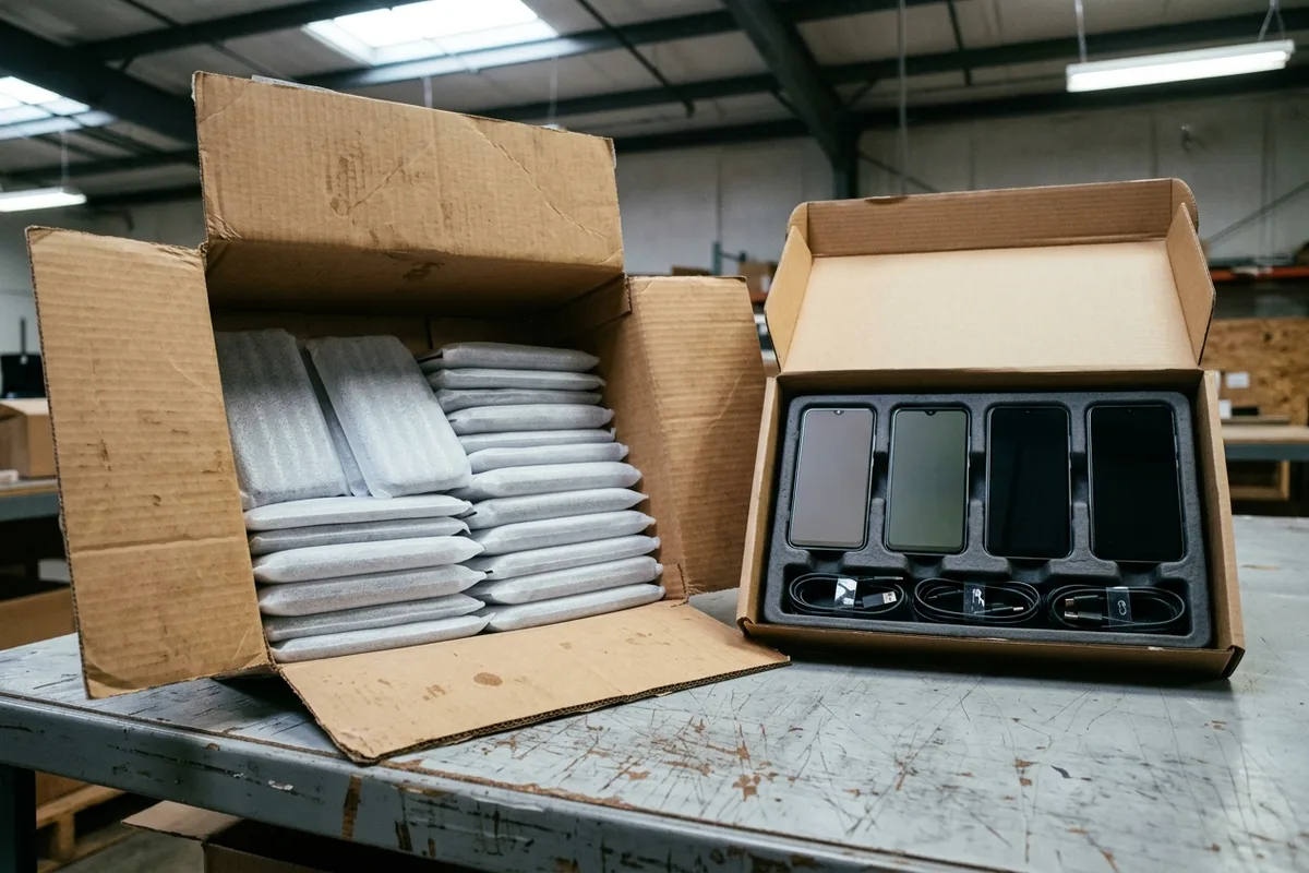 Two open corrugated shipping cartons on a worn receiving table holding foam-sleeved phones and four dark-screen handsets with USB-C cables.