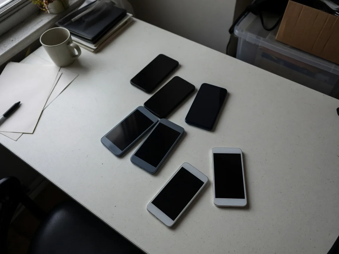 Unbranded handsets in black, blue, and silver lying loose on a desk.