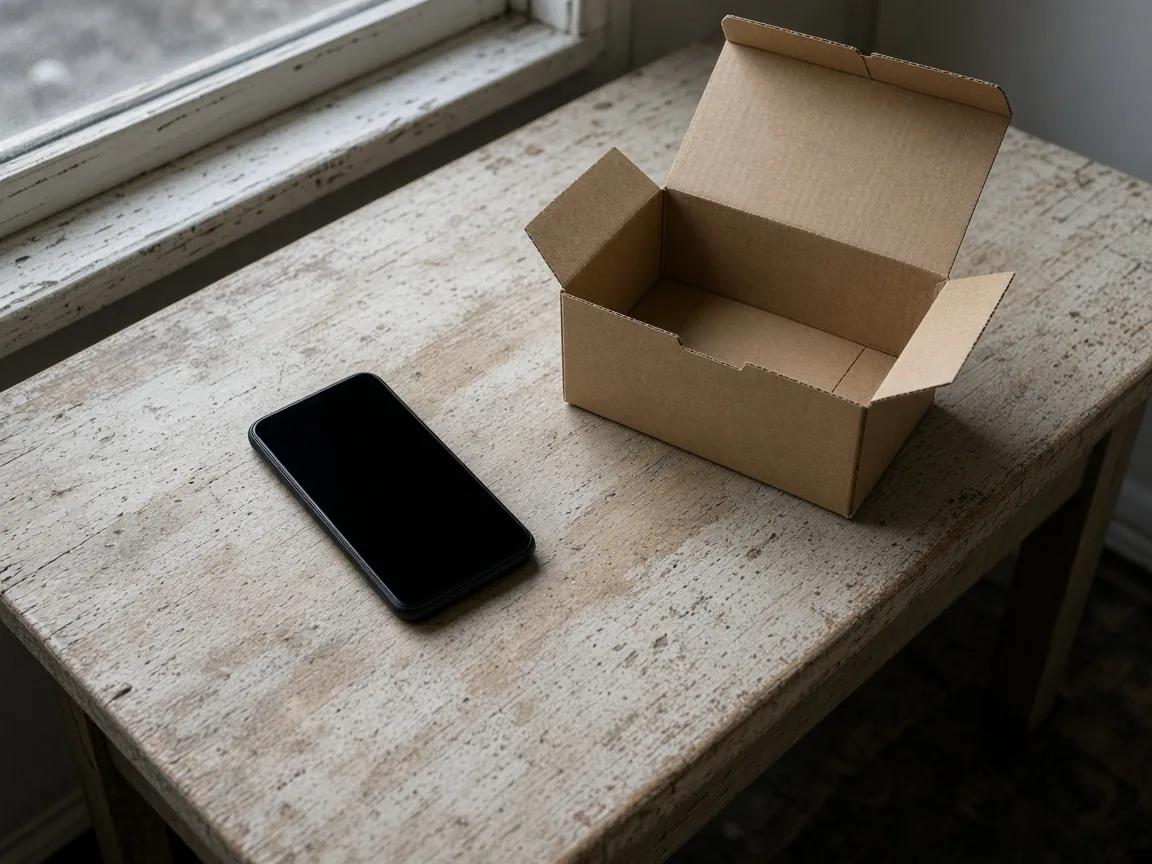 One unbranded handset beside an open empty carton on a worn wooden table.