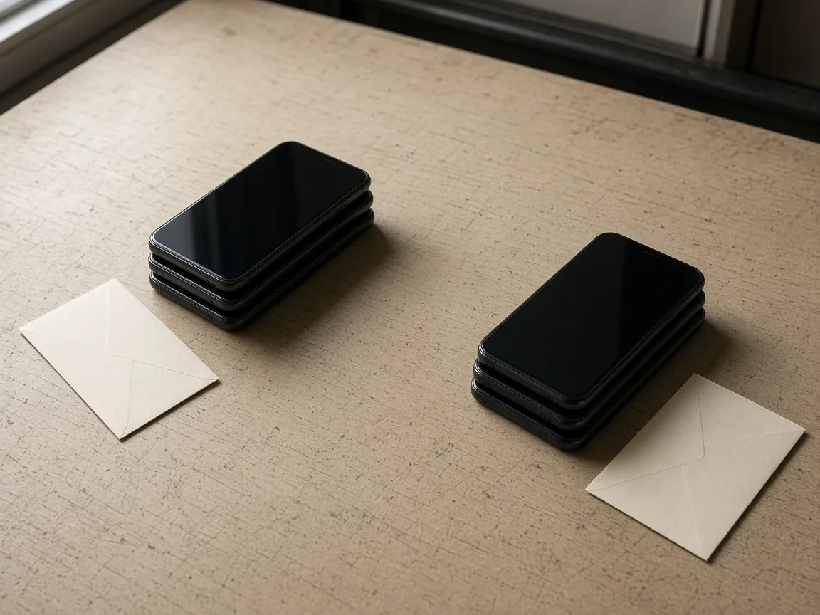Two separated stacks of unbranded handsets, each beside a blank envelope.
