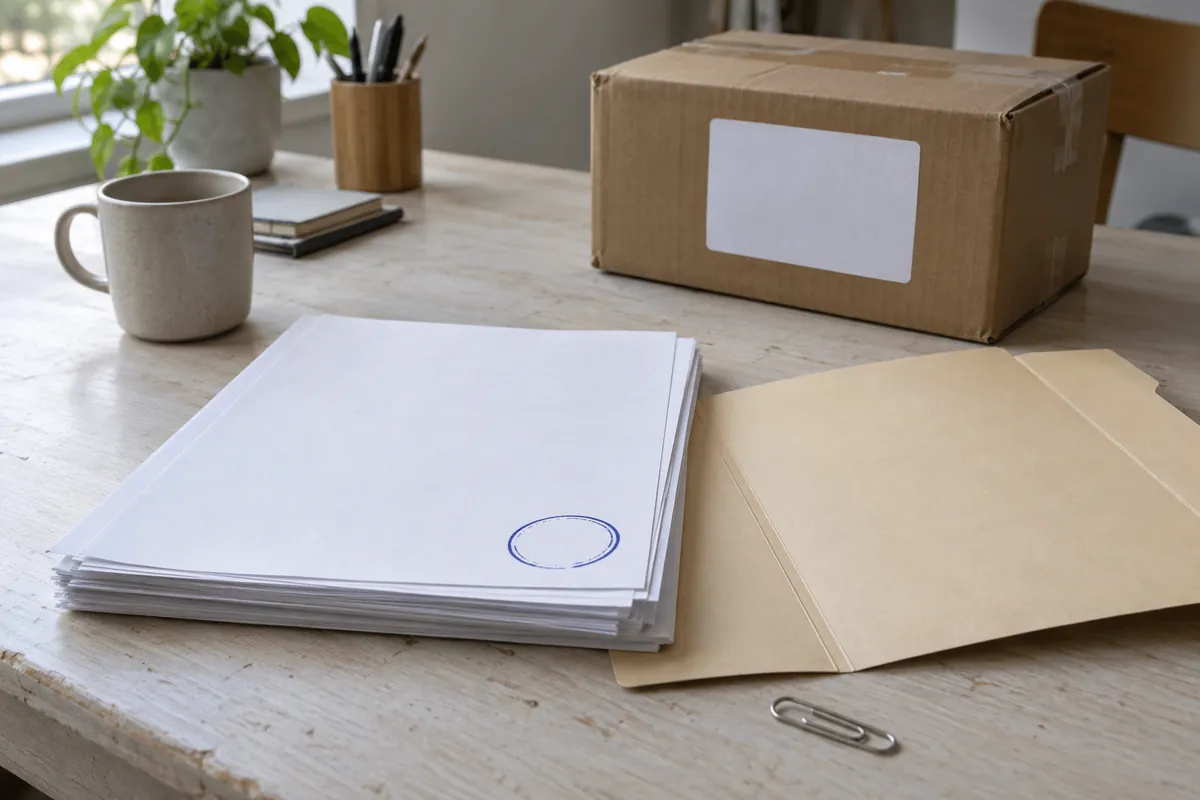 Blank documents bearing a circular ink stamp beside an open folder and paperclip, with a sealed shipping carton and blank label in the softer background.