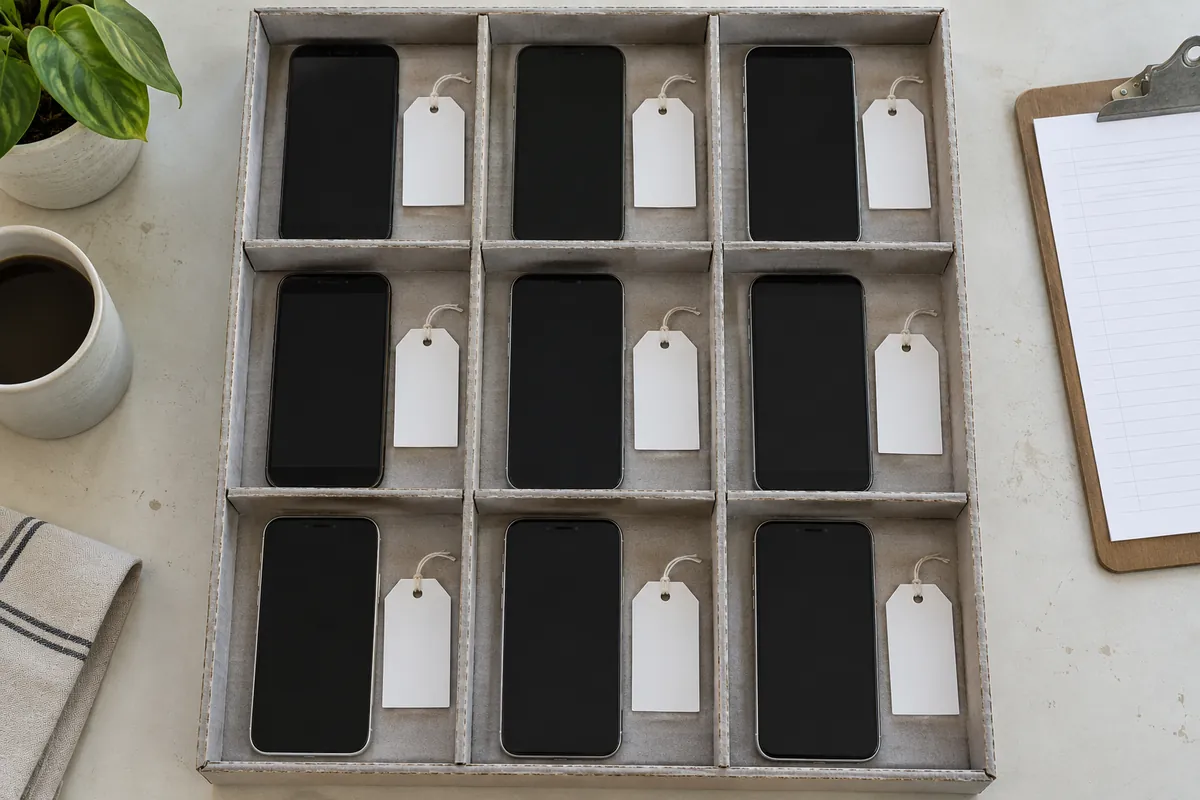 Nine unbranded smartphones in separate cardboard tray compartments, each beside a blank white tag, with a blank ruled clipboard at the edge.