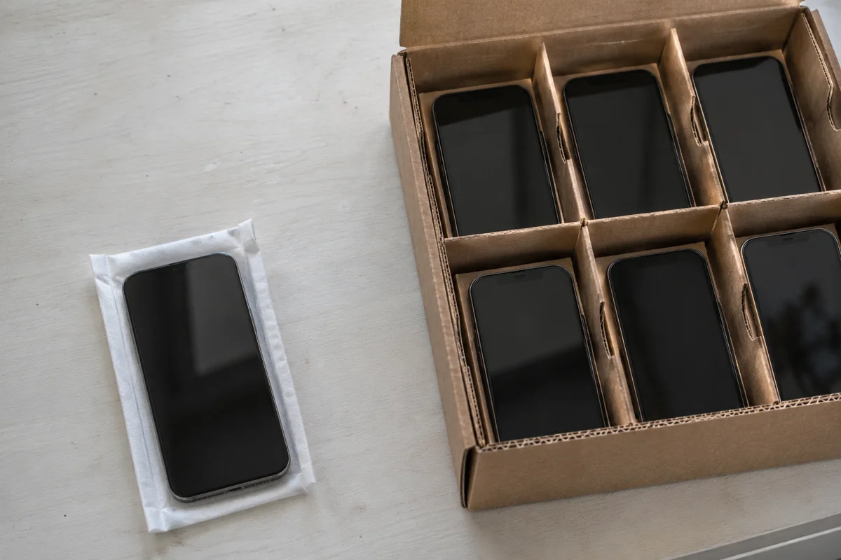 A single sleeved phone beside a divided cardboard carton holding several phones.
