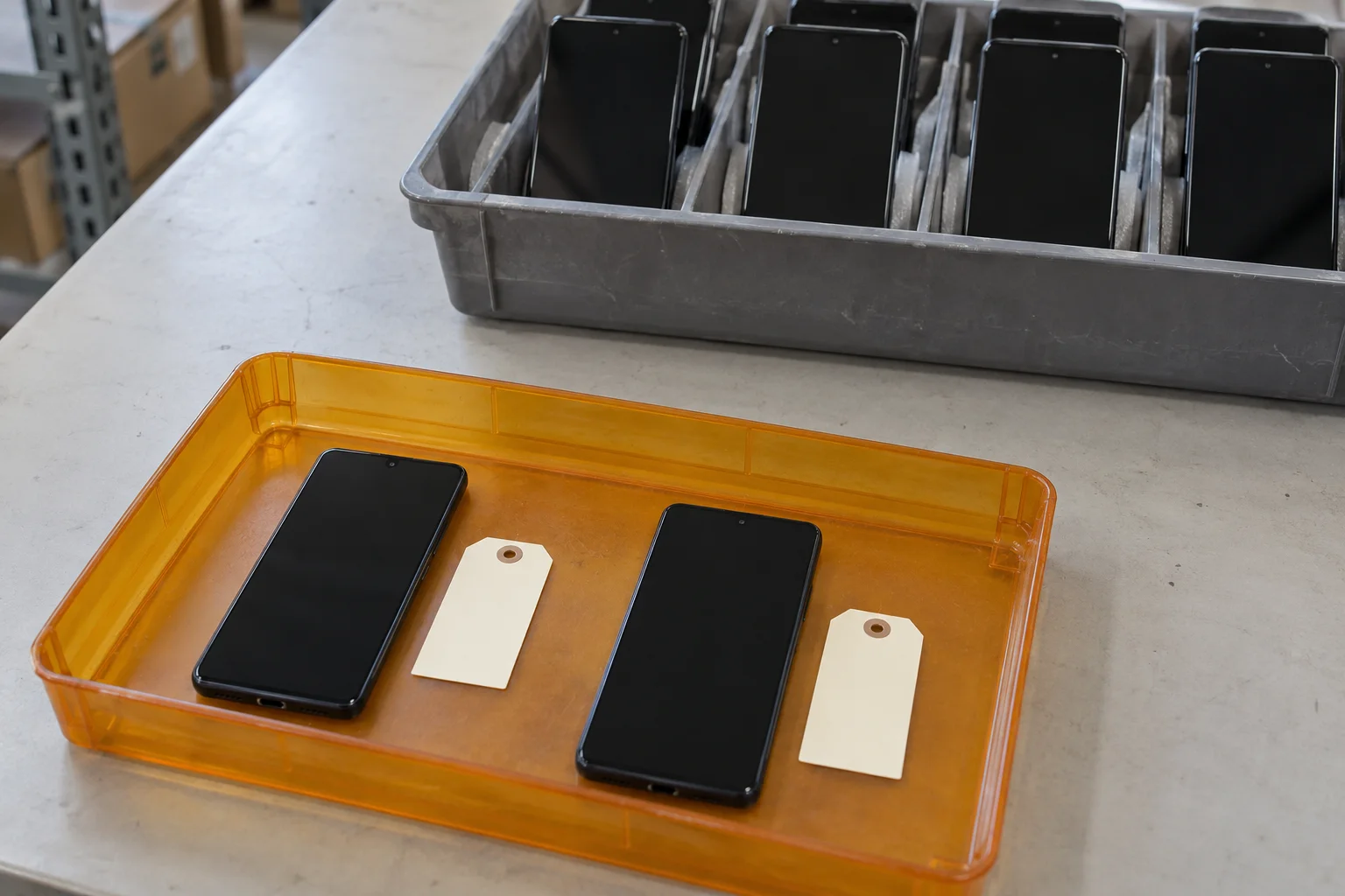 Two phones with blank tags in an amber tray separated from a gray tray of phones