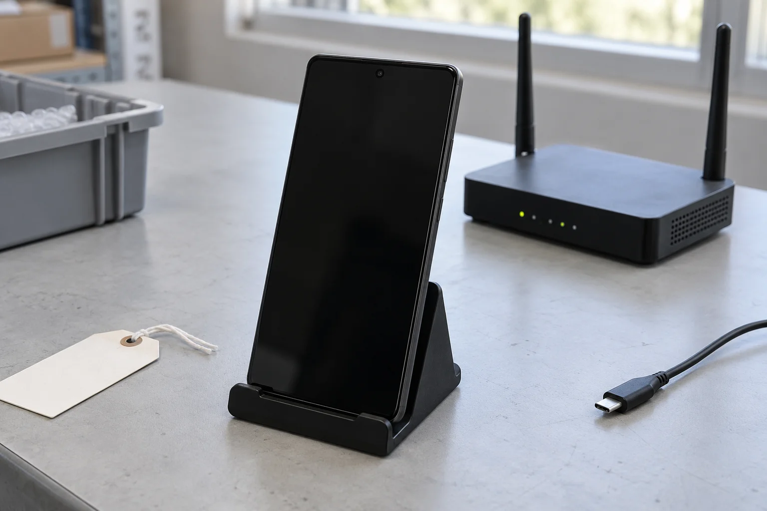 A phone on a stand beside a Wi-Fi router, USB cable and blank unit tag