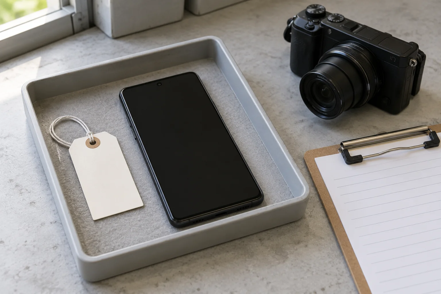 A phone and blank tag together in a gray tray beside a camera and clipboard