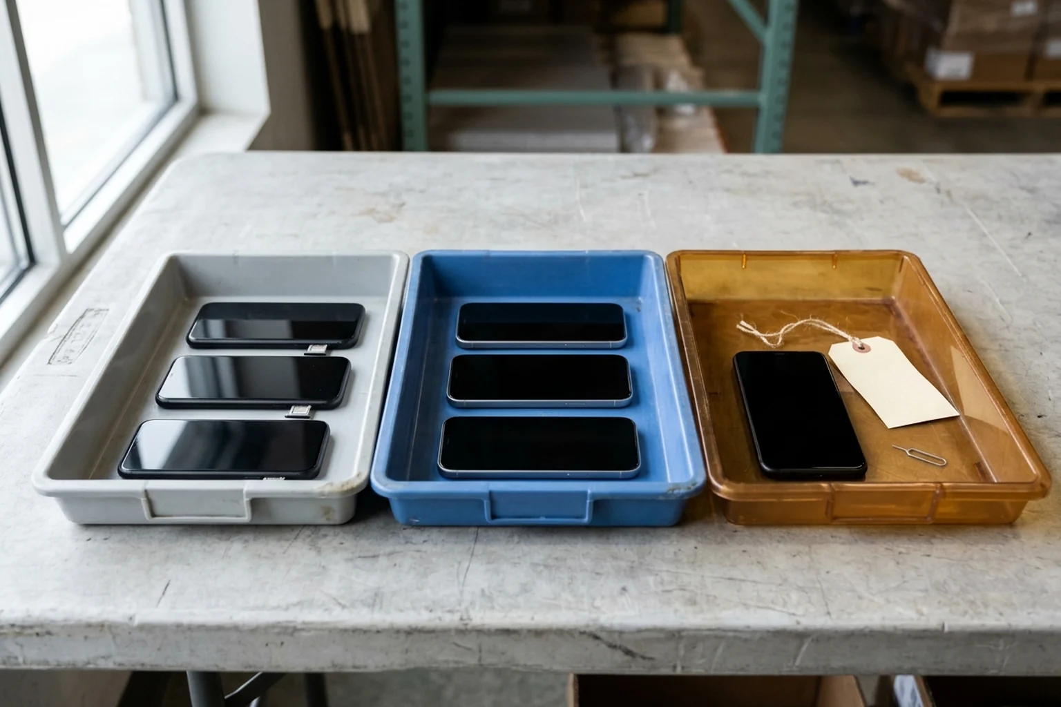 Plastic sorting trays on a warehouse receiving bench separating unpowered smartphones by SIM tray hardware configuration.