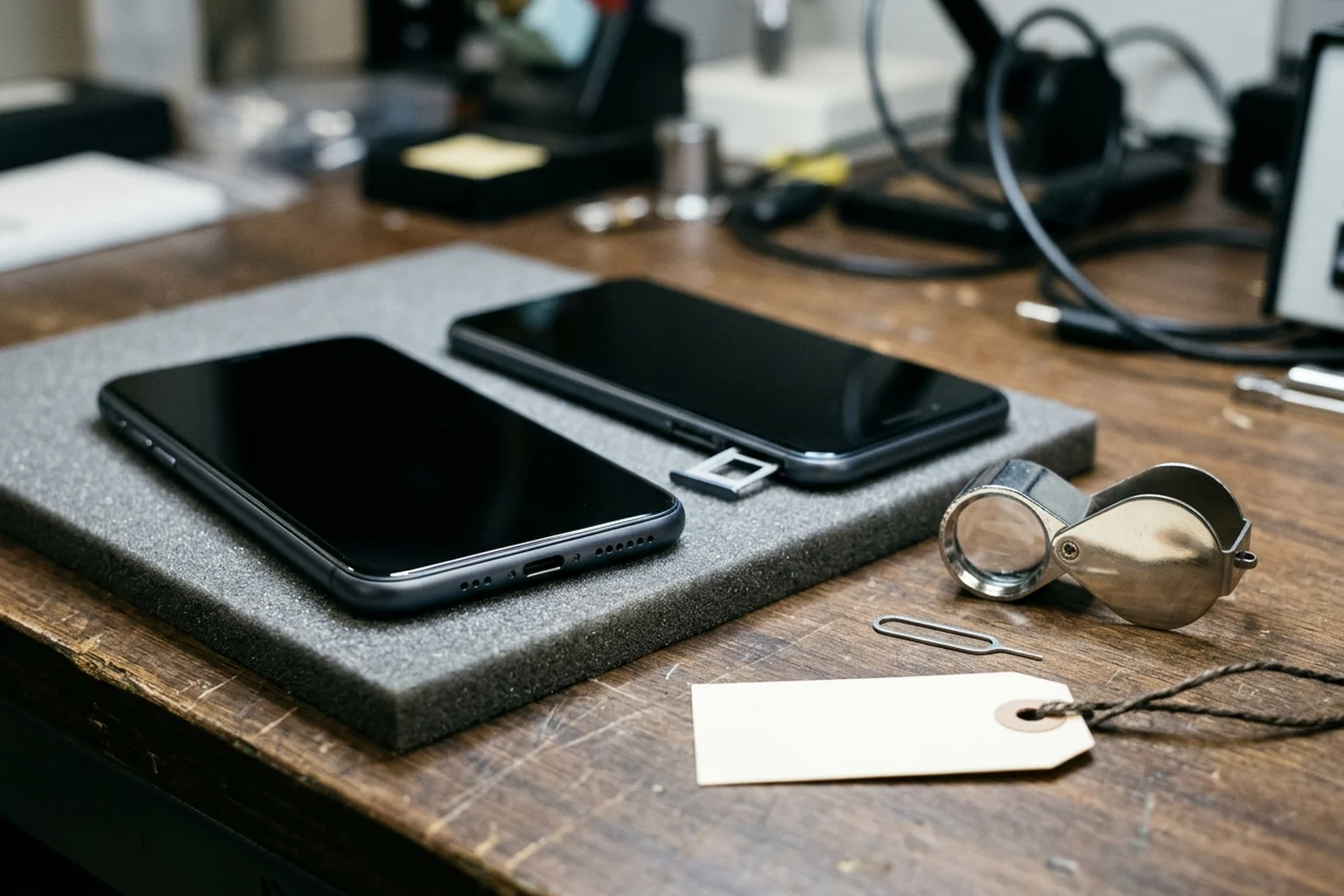 Two smartphones on a workbench pad showing a bottom USB-C connector and an ejected side SIM tray beside a folding magnifier loupe, a SIM-eject tool, and an inspection tag.