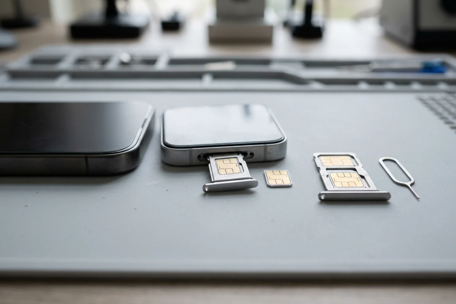 Two face-down smartphones on a grey workbench mat showing a partially ejected single nano-SIM tray beside a loose nano-SIM card, a two-nano-SIM tray, and a SIM-eject tool.
