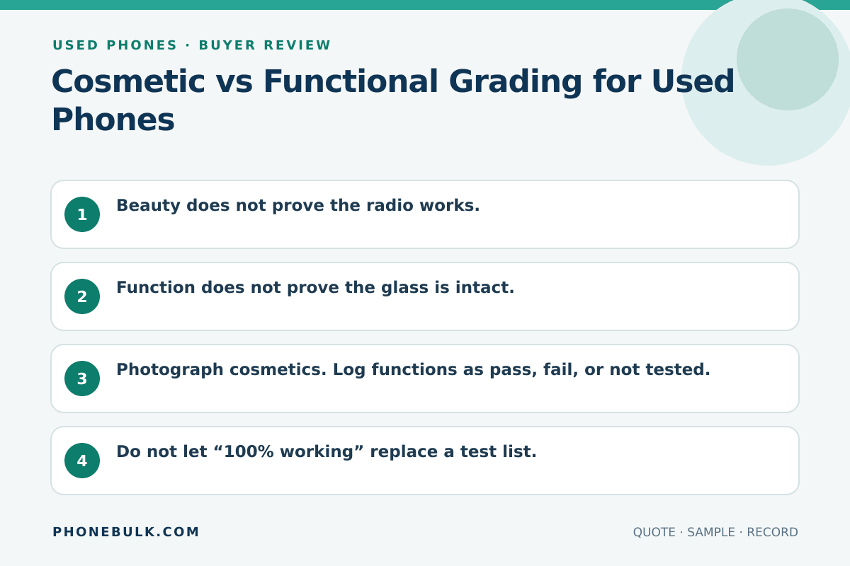 Buyer review checklist for Cosmetic vs Functional Grading for Used Phones