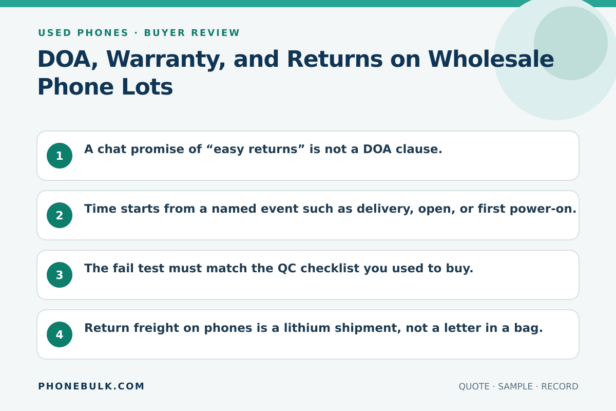 Buyer review checklist for DOA, Warranty, and Returns on Wholesale Phone Lots