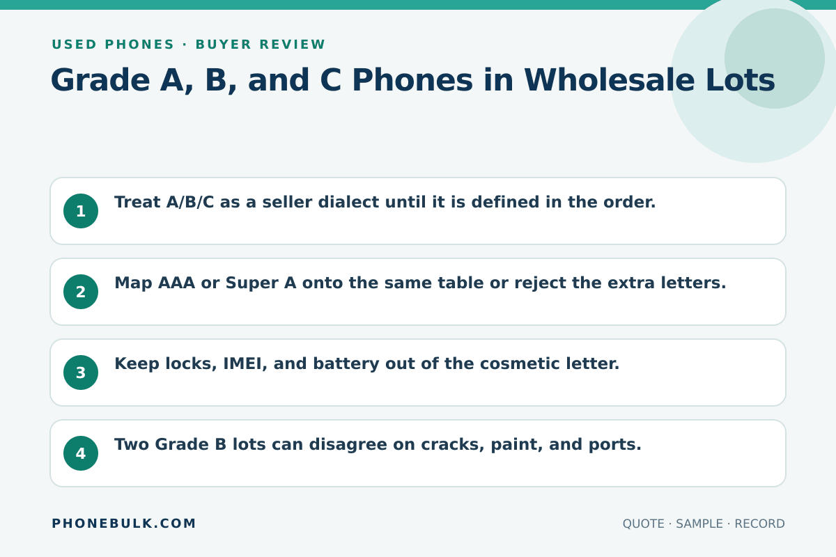 Buyer review checklist for Grade A, B, and C Phones in Wholesale Lots
