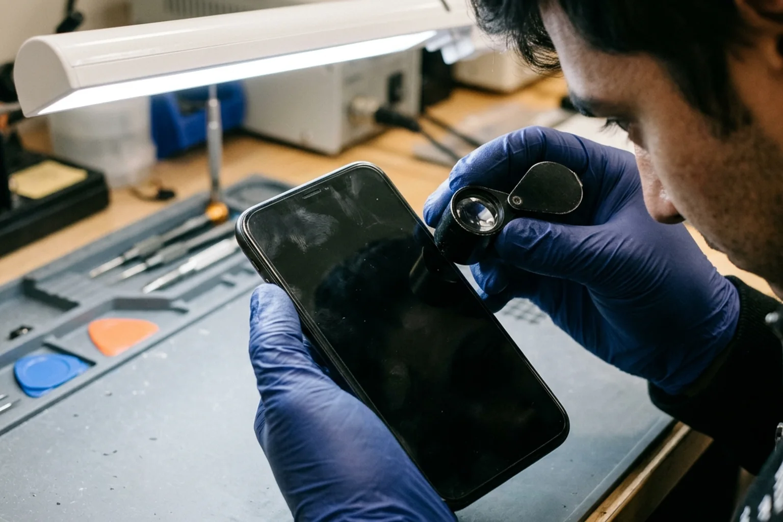 Technician in blue nitrile gloves holding a powered-off smartphone under an overhead bench light while inspecting the front bezel seam with a folding magnifier.