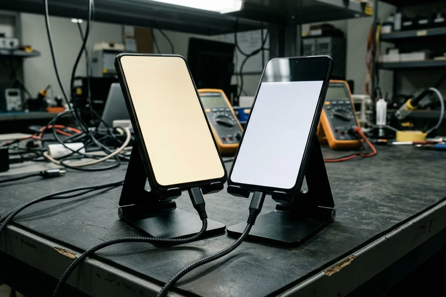 Two smartphones mounted on angled metal desktop stands on an electronics workbench displaying warm-tinted and neutral white full-screen backgrounds.