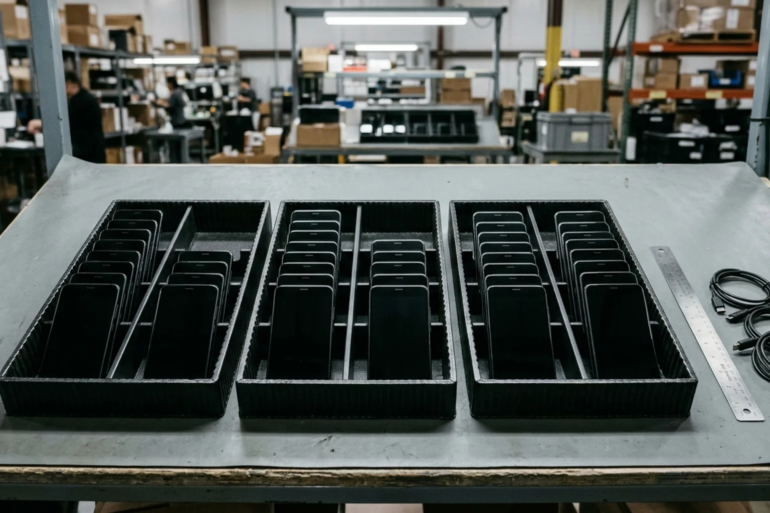 Three black corrugated plastic compartment trays filled with upright smartphones on a warehouse sorting bench beside braided data cables.